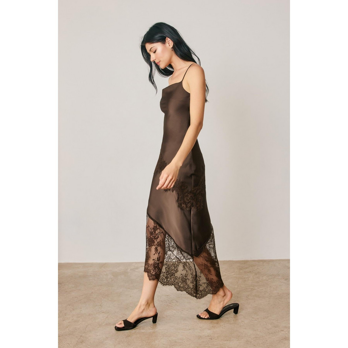 Dark Brown Lace Detail Midi Dress