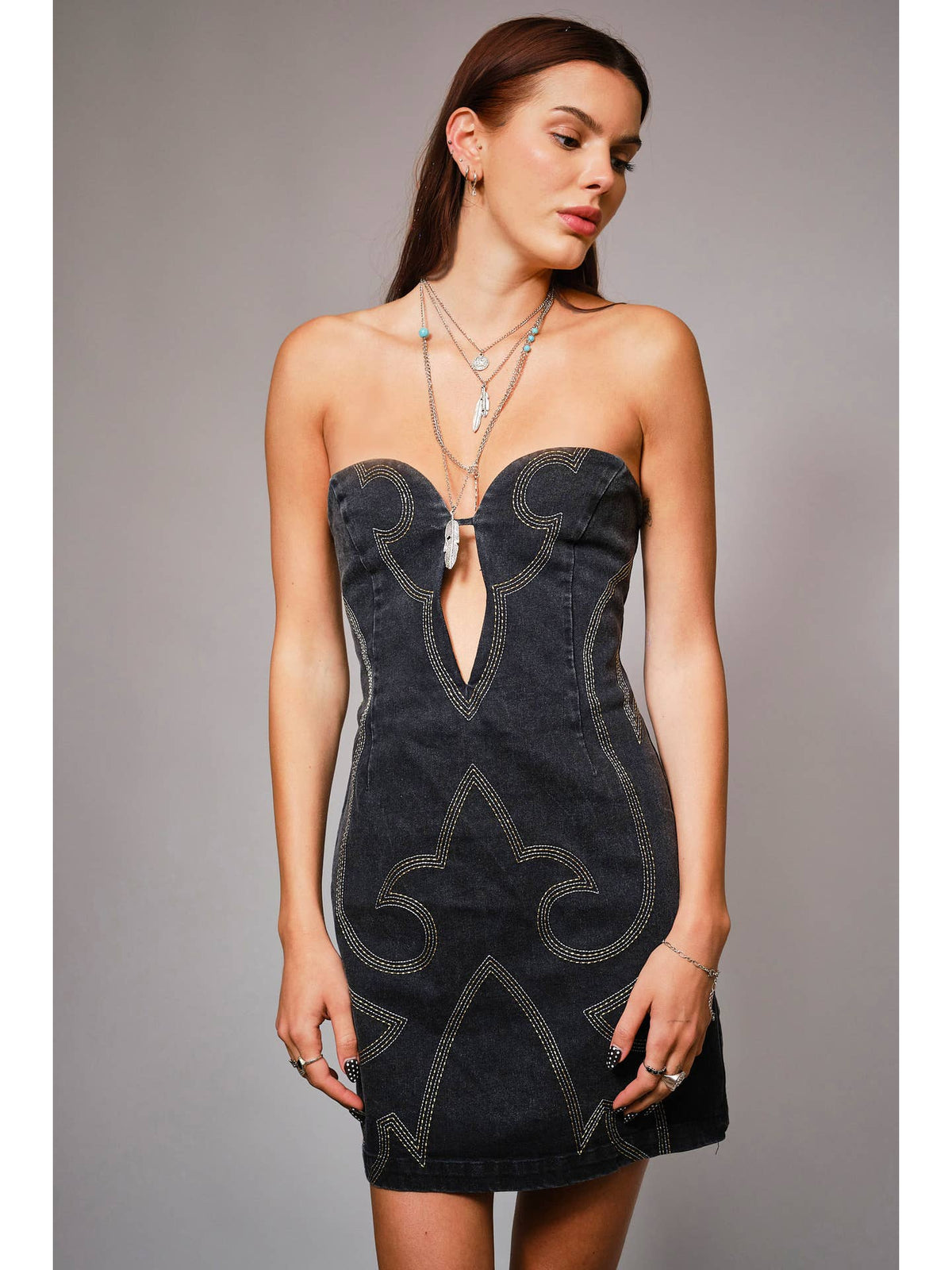 Cutout Stitch Western Denim Tube Dress