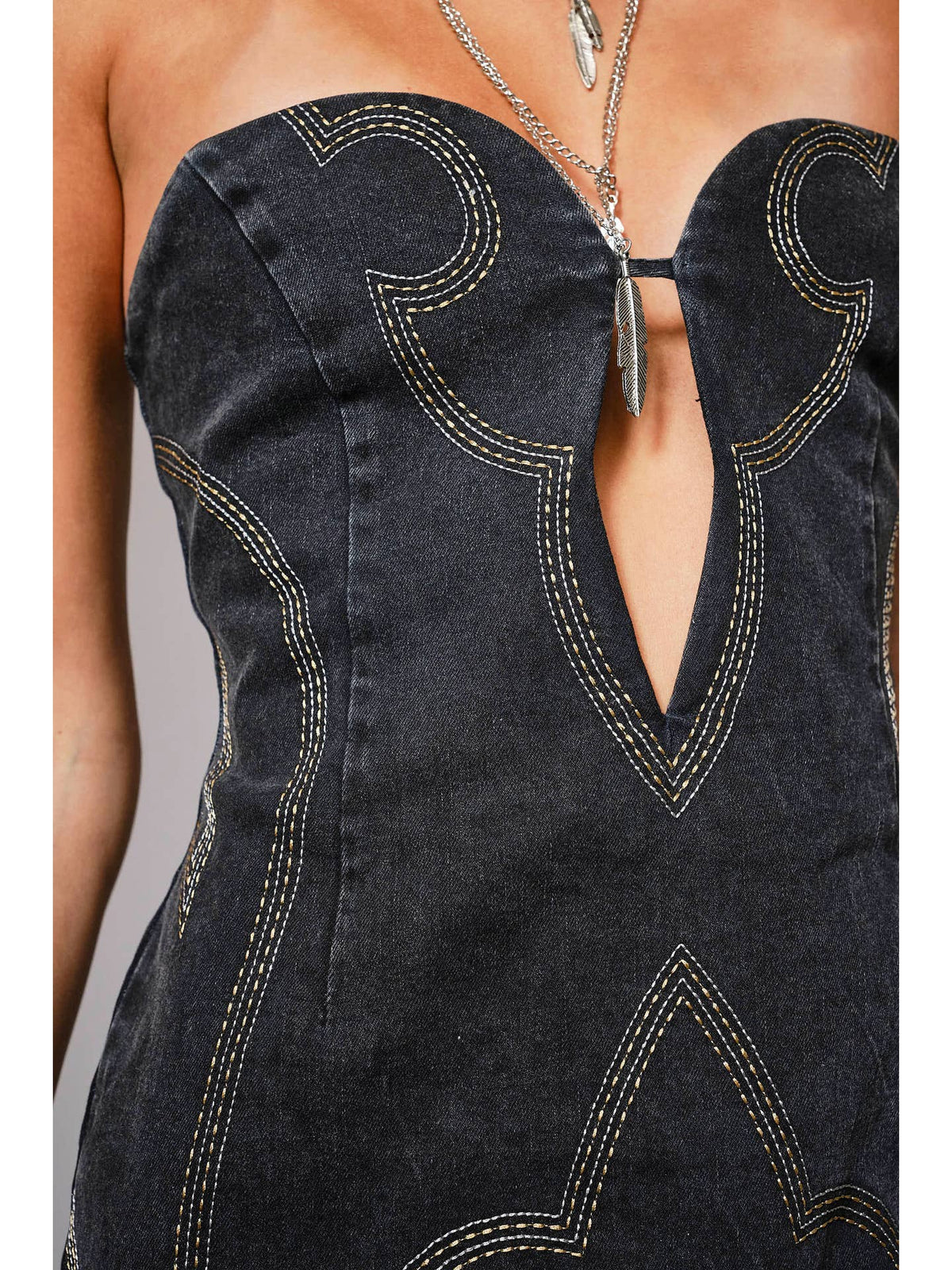 Cutout Stitch Western Denim Tube Dress