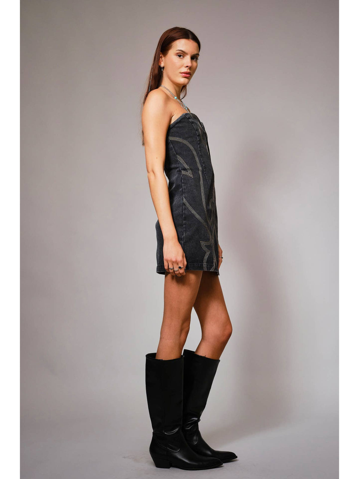 Cutout Stitch Western Denim Tube Dress
