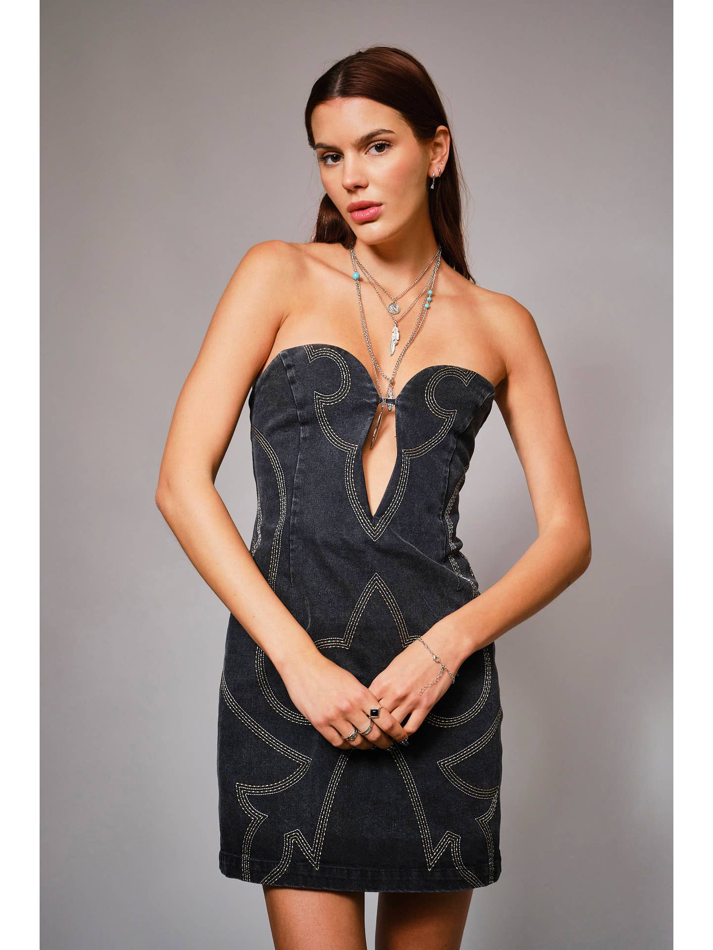 Cutout Stitch Western Denim Tube Dress