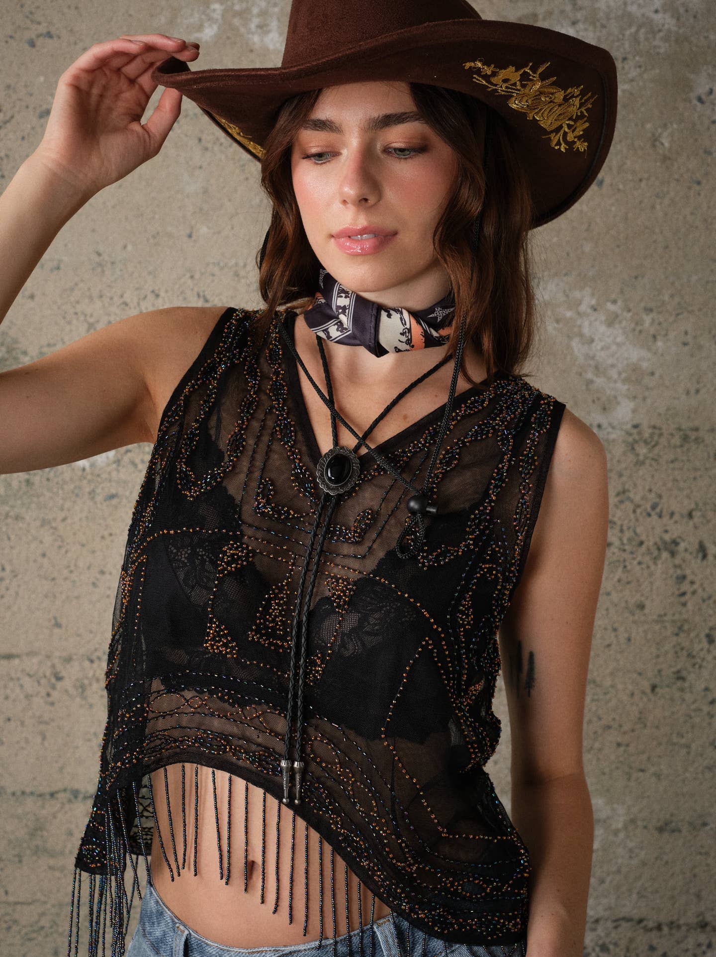 Black Beaded Mesh Top