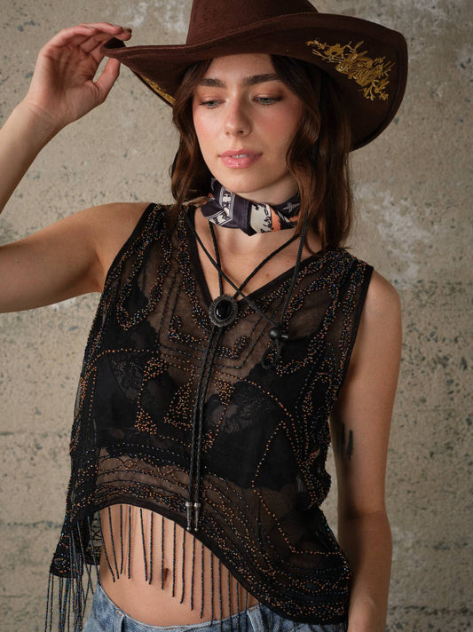 Black Beaded Mesh Top