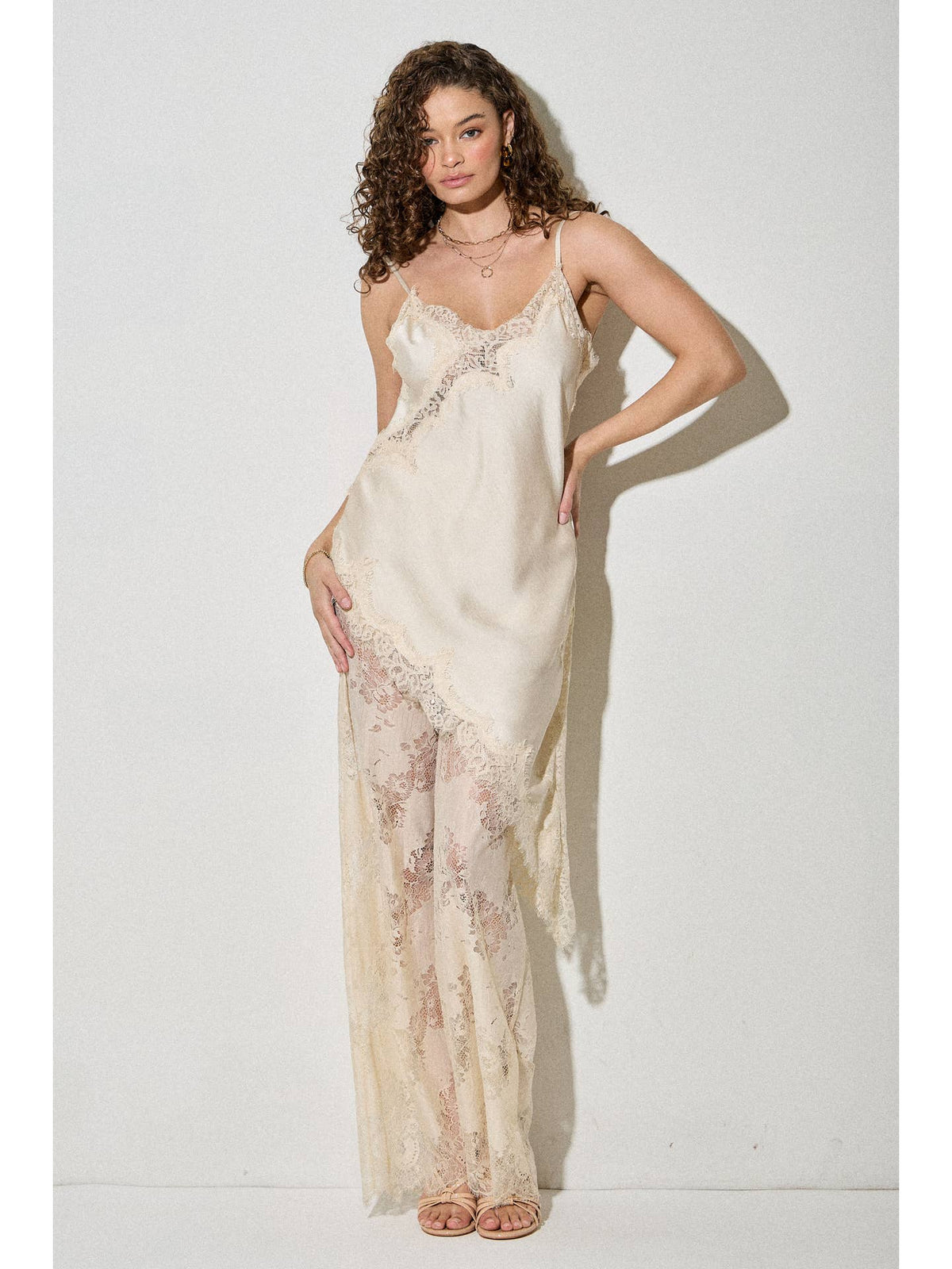 Satin Lace Trim Cami and Pants Set