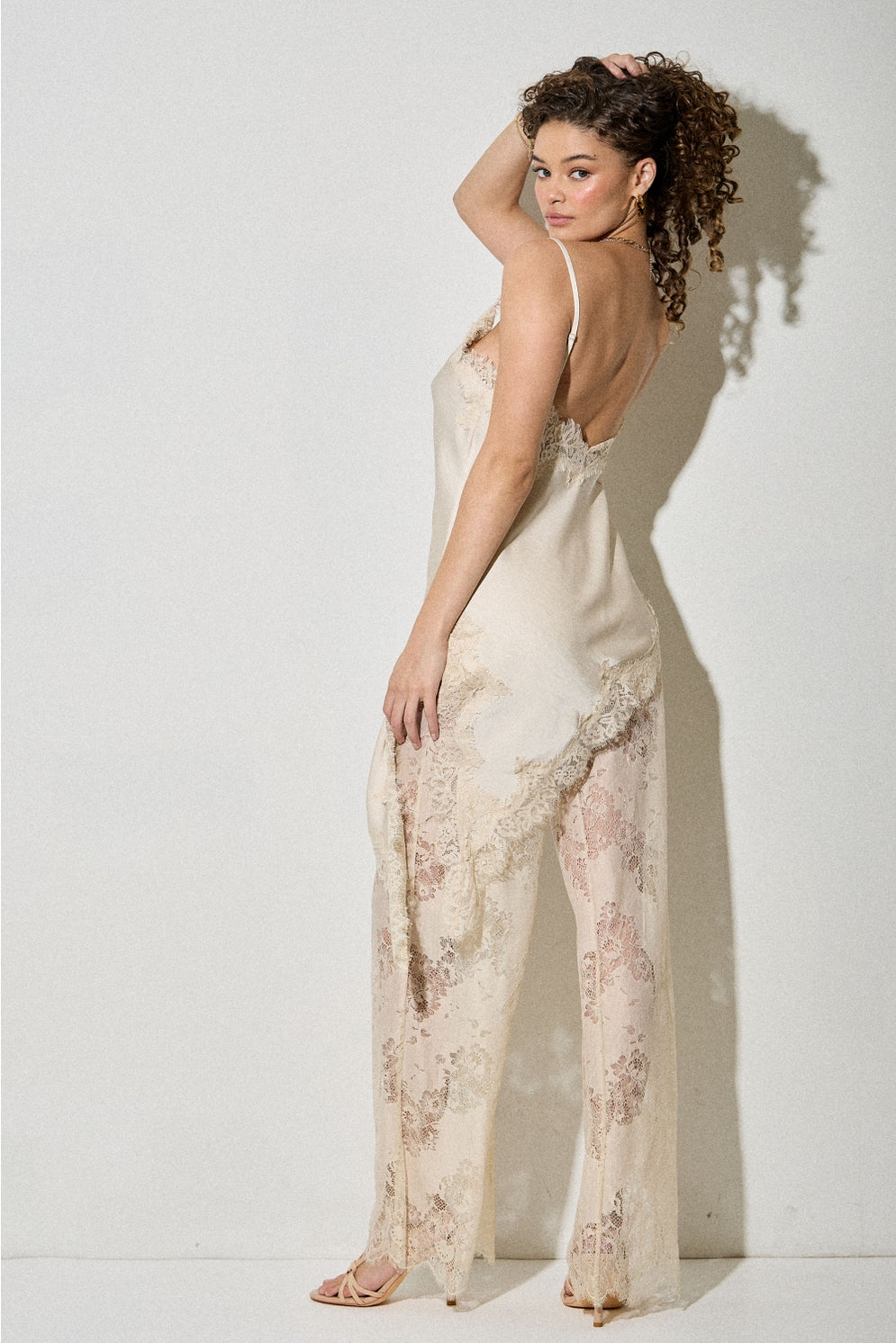 Satin Lace Trim Cami and Pants Set