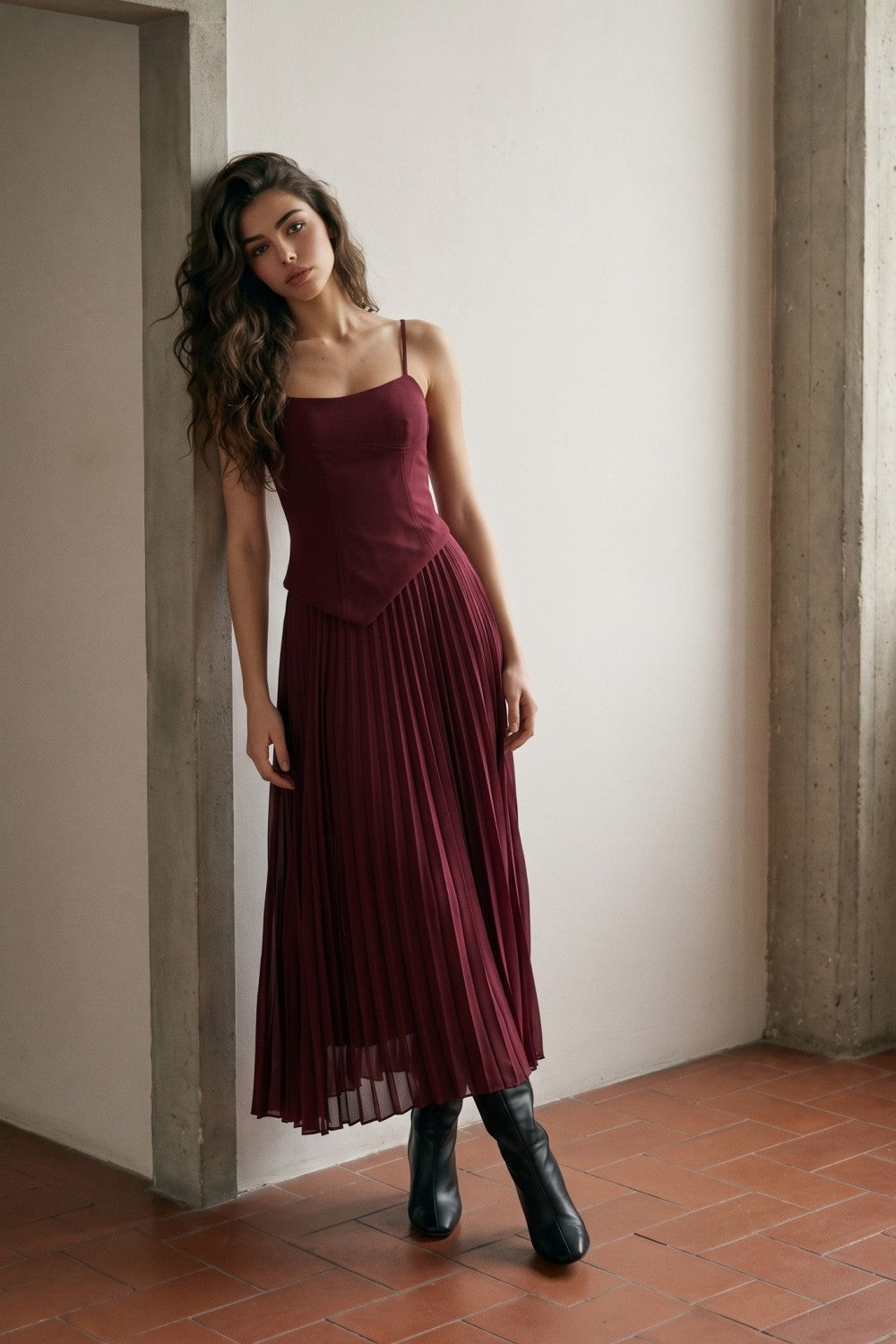 Asymmetric Waist & Pleated Midi Dress