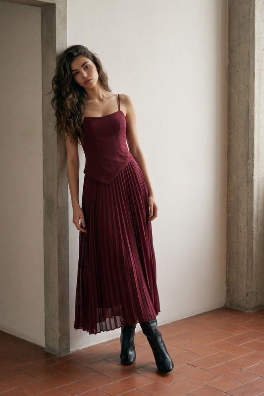 Asymmetric Waist & Pleated Midi Dress