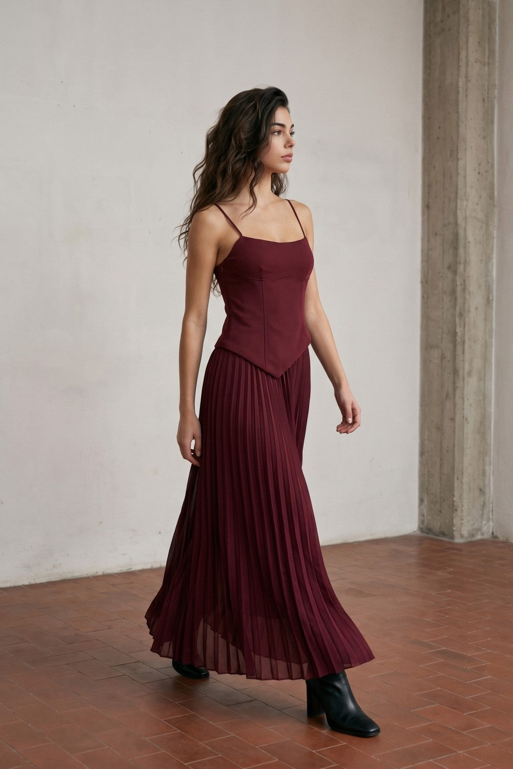 Asymmetric Waist & Pleated Midi Dress