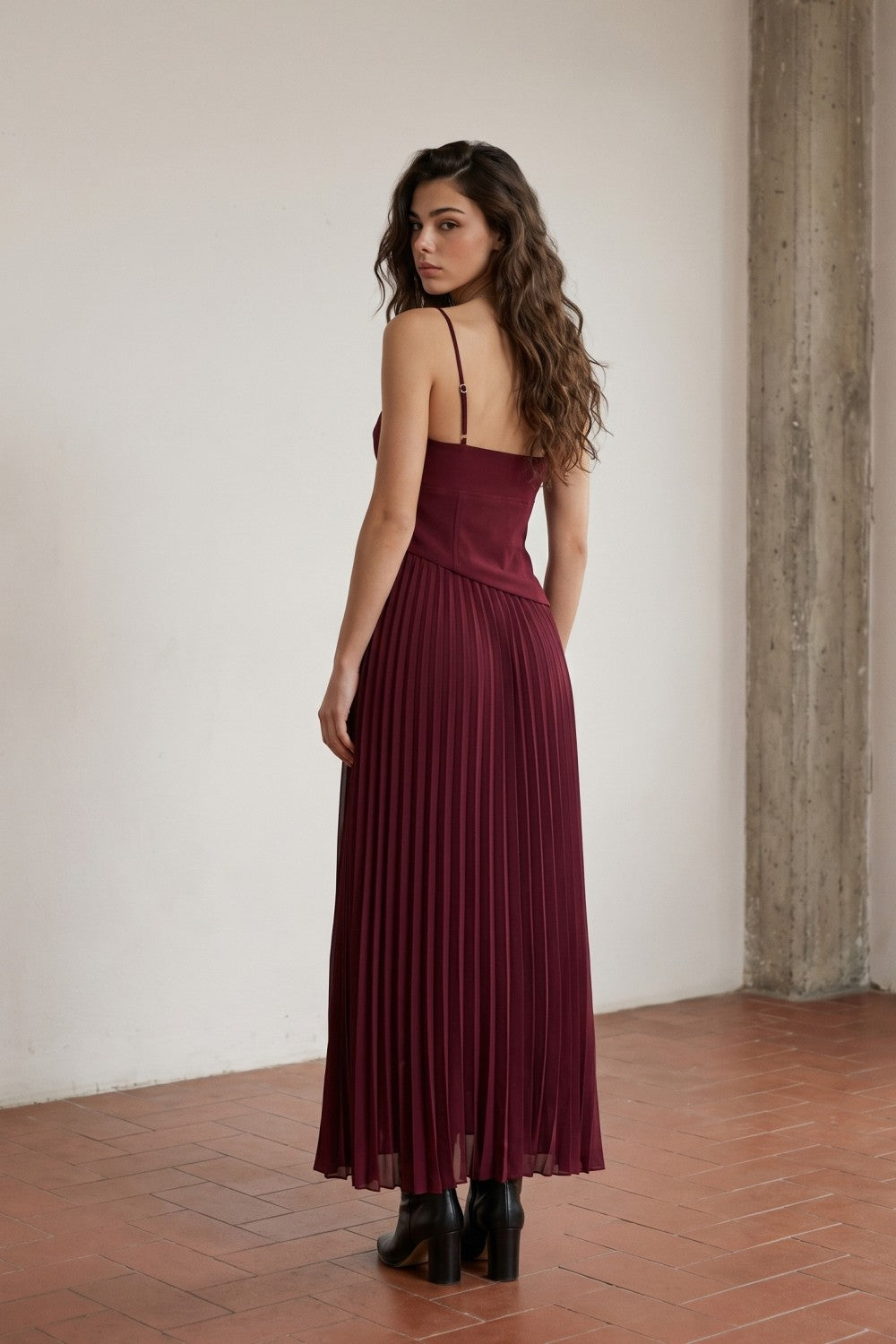 Asymmetric Waist & Pleated Midi Dress