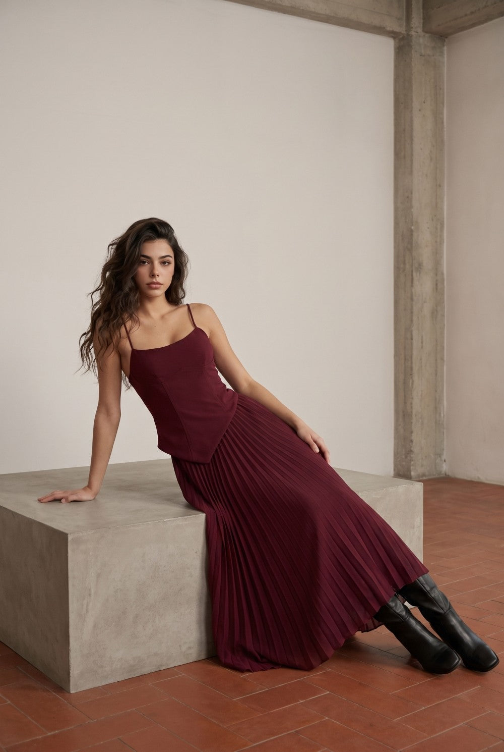 Asymmetric Waist & Pleated Midi Dress