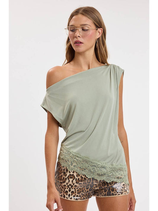 One Shoulder Lace Trim Top