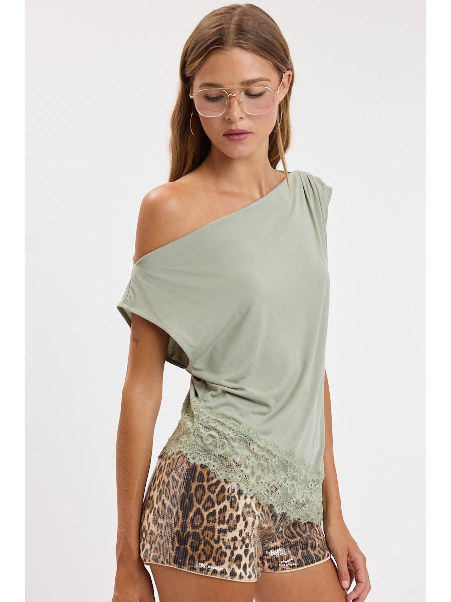 One Shoulder Lace Trim Top