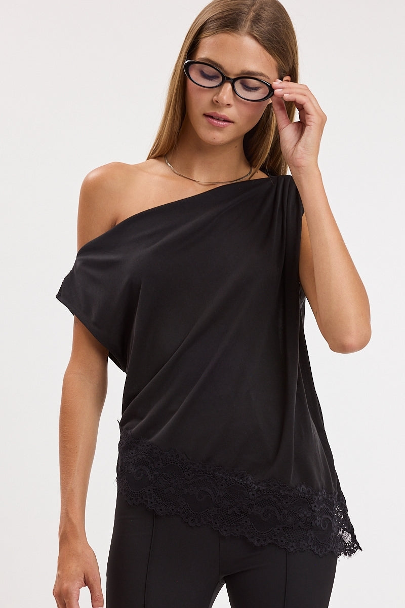 One Shoulder Lace Trim Top