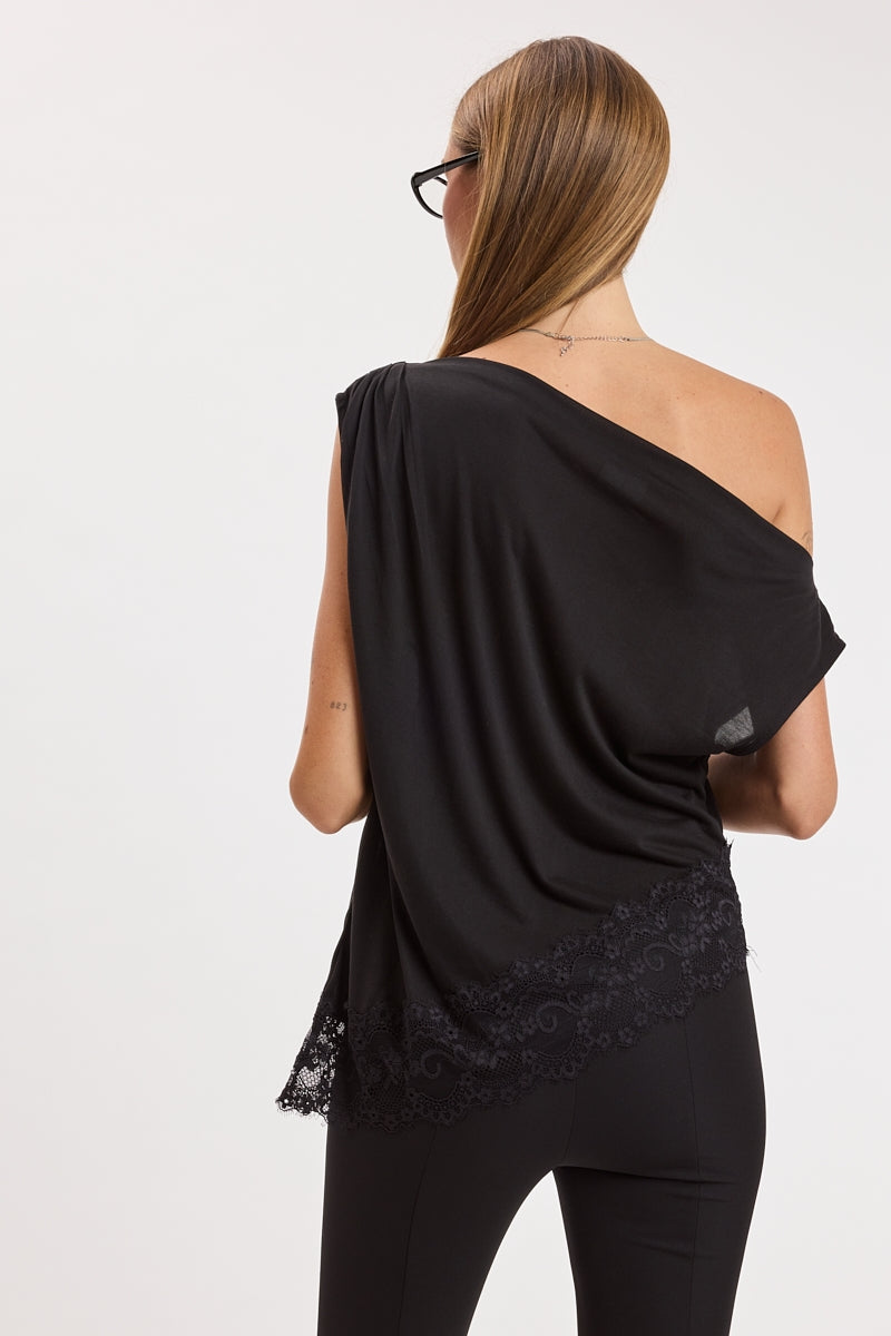 One Shoulder Lace Trim Top