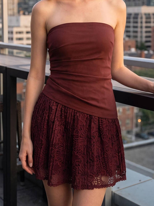 Burgundy Lace Skirt Tube Dress