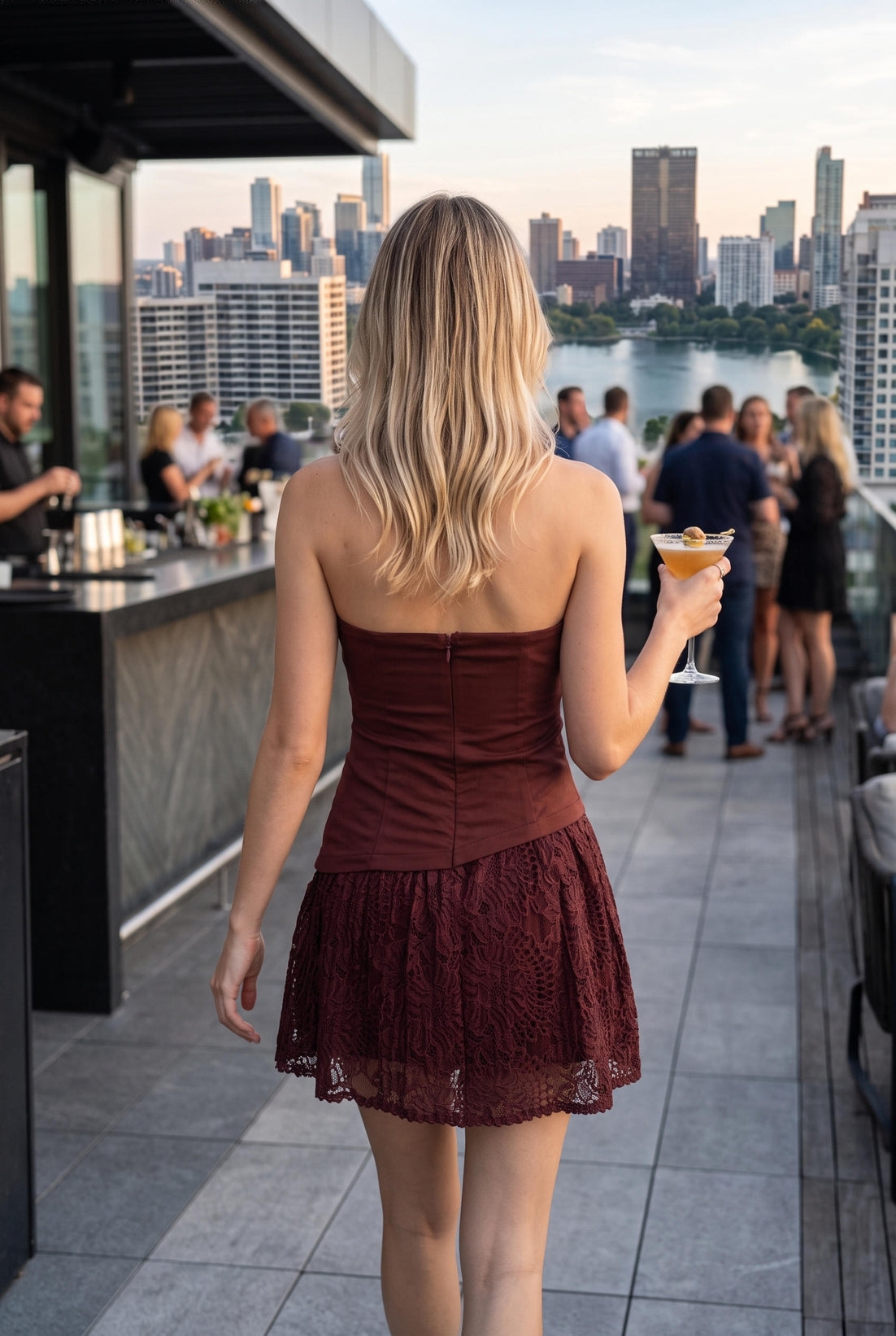 Burgundy Lace Skirt Tube Dress