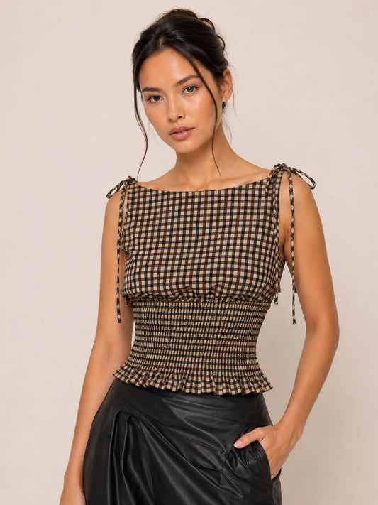 Plaid Ties Smocked Top