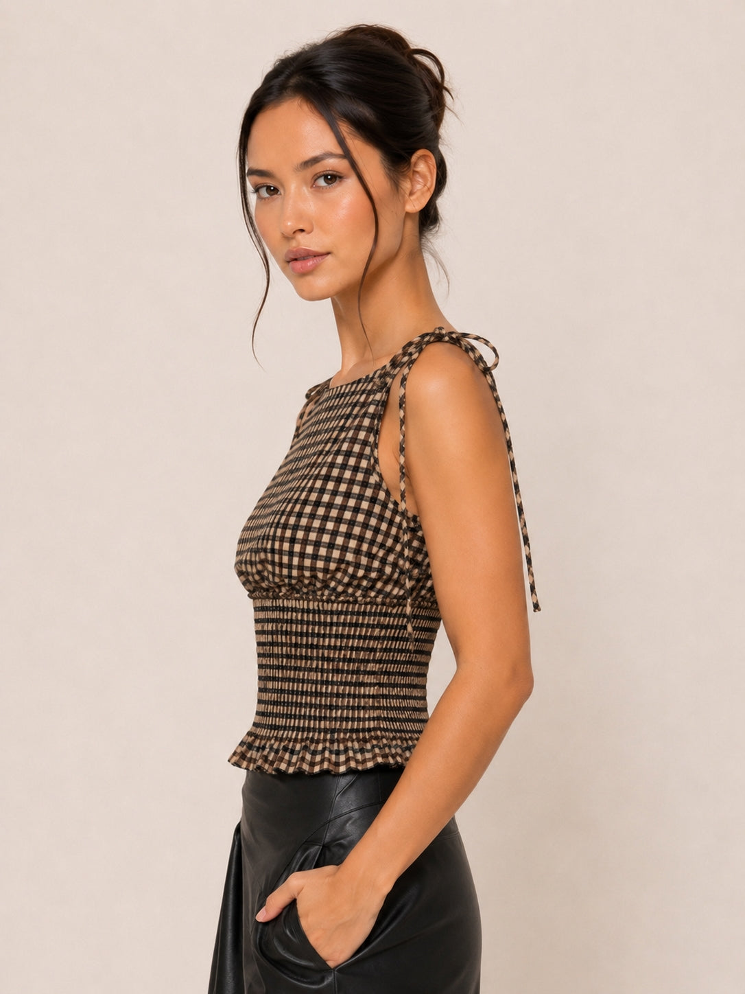 Plaid Ties Smocked Top
