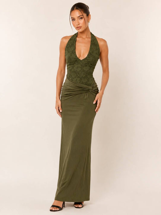 Olive Lace Halter Maxi Dress