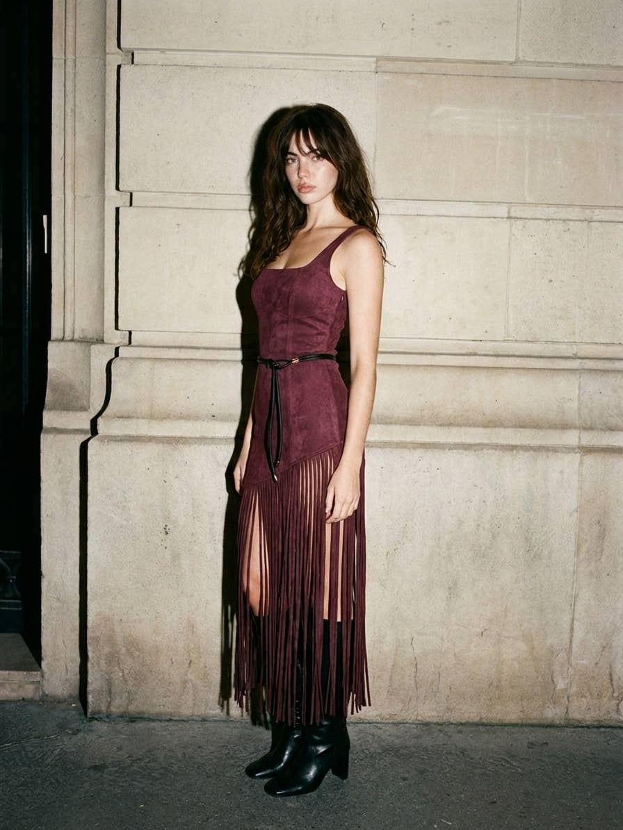 Suede Fringe Midi Dress