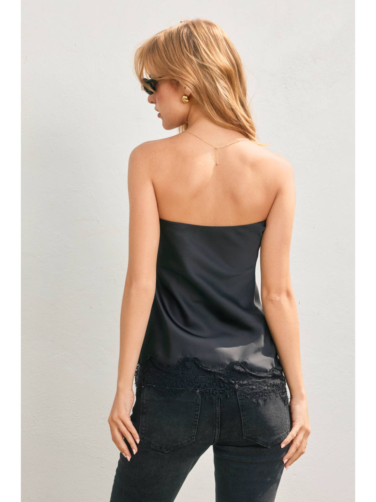 Satin Asymmetrical Lace Hem Tube Top