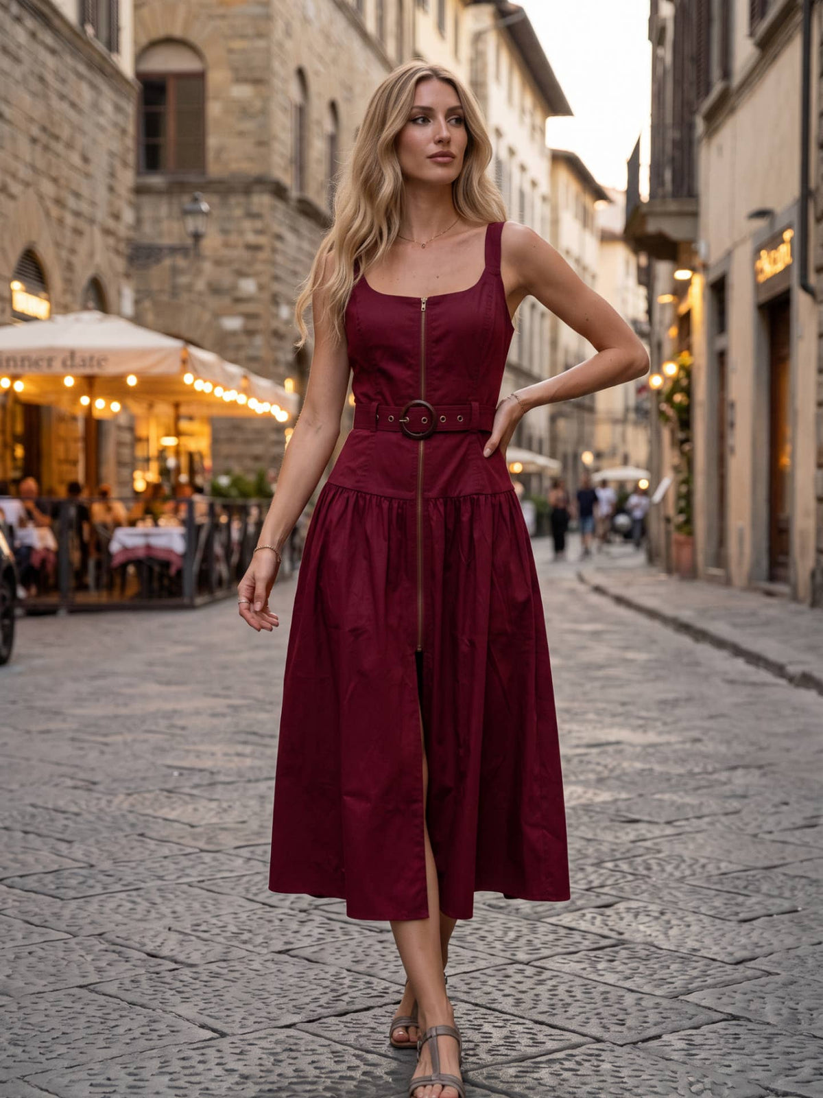 Belted Zip Front Midi Dress