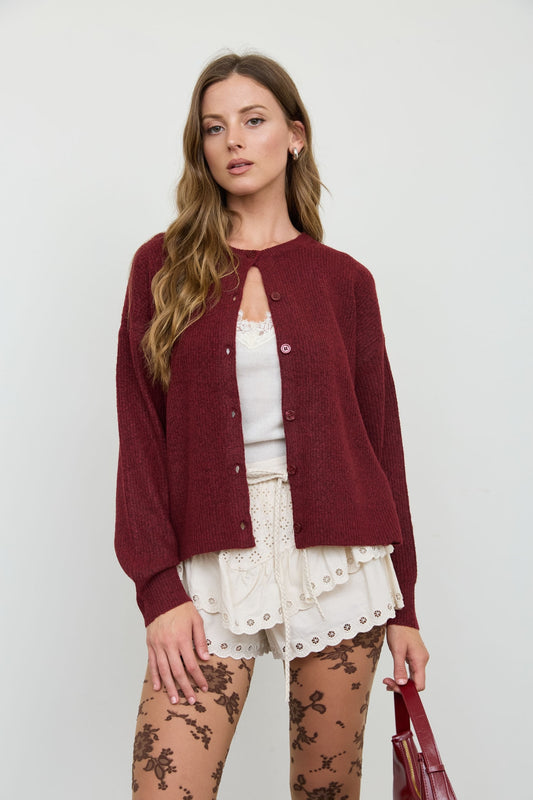Round Neck Ribbed Knit Cardigan