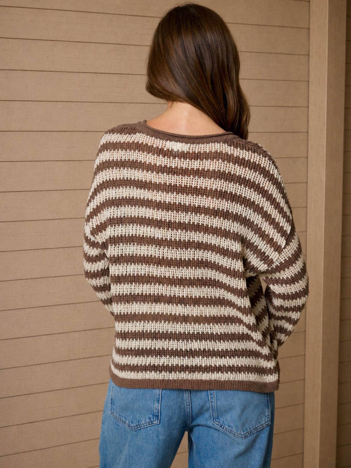 Stripe Raw Edge Split Neck Sweater