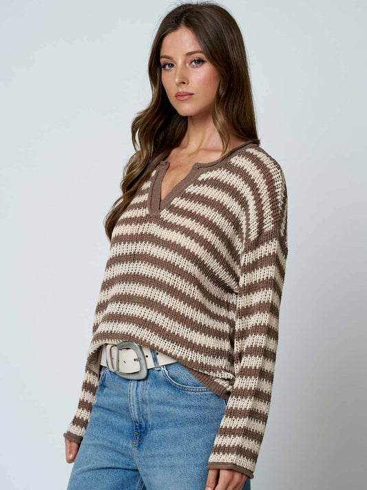 Stripe Raw Edge Split Neck Sweater