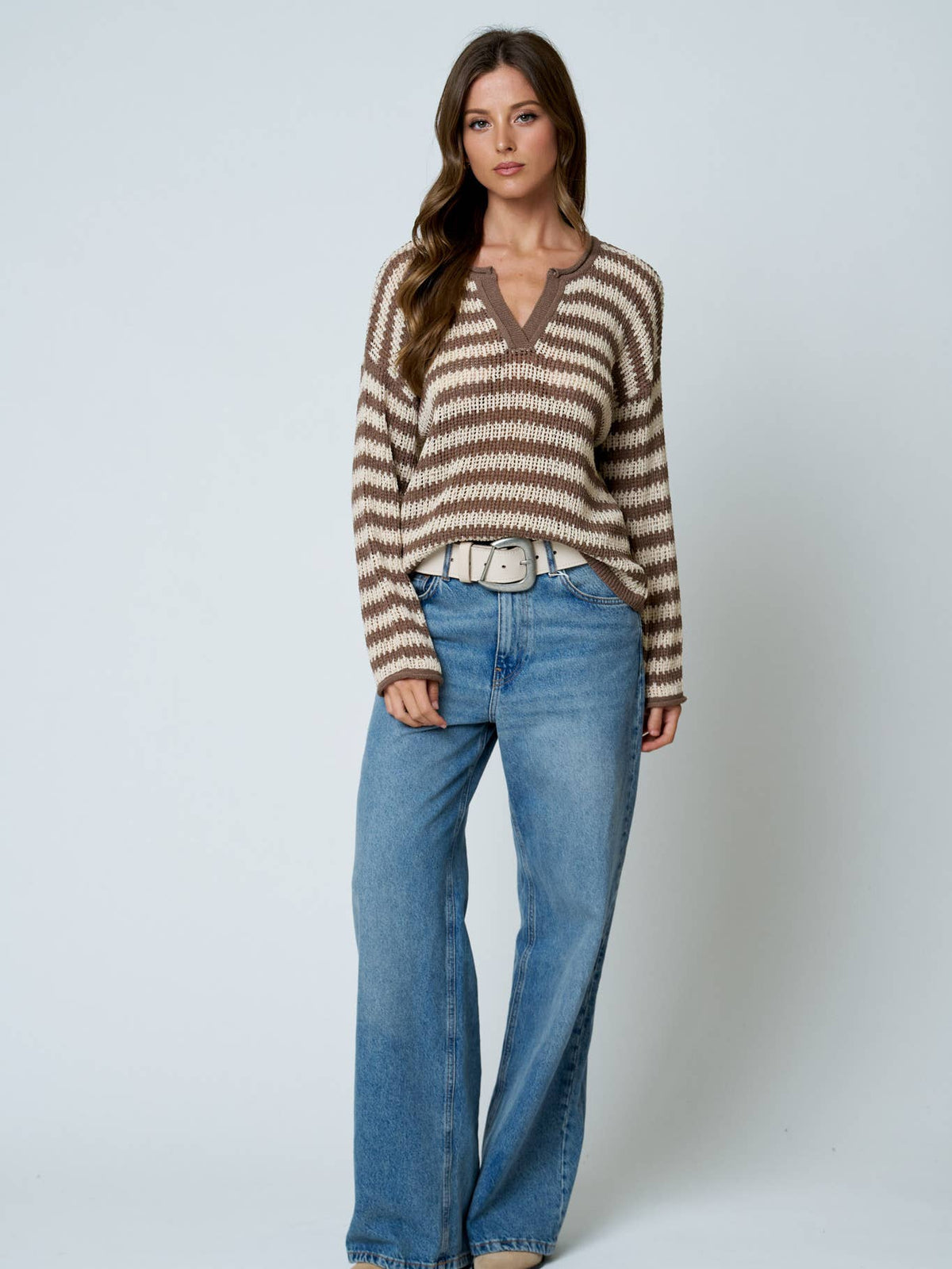 Stripe Raw Edge Split Neck Sweater
