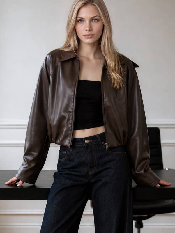 Collar Zip Crop Faux Leather Jacket