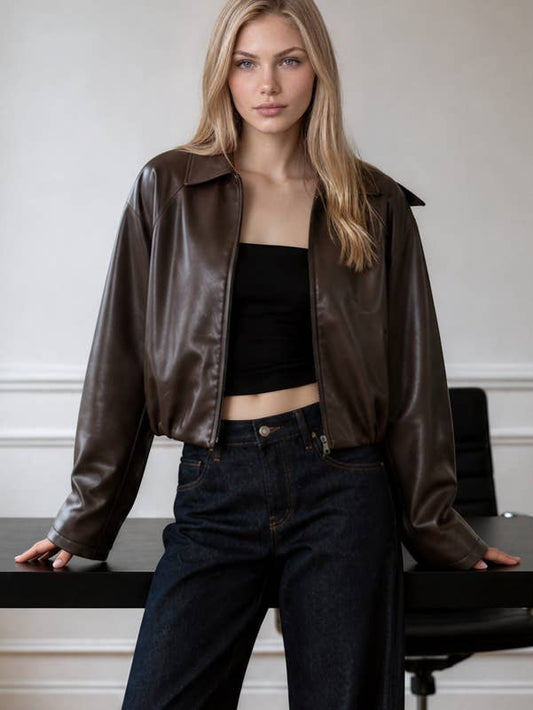 Collar Zip Crop Faux Leather Jacket