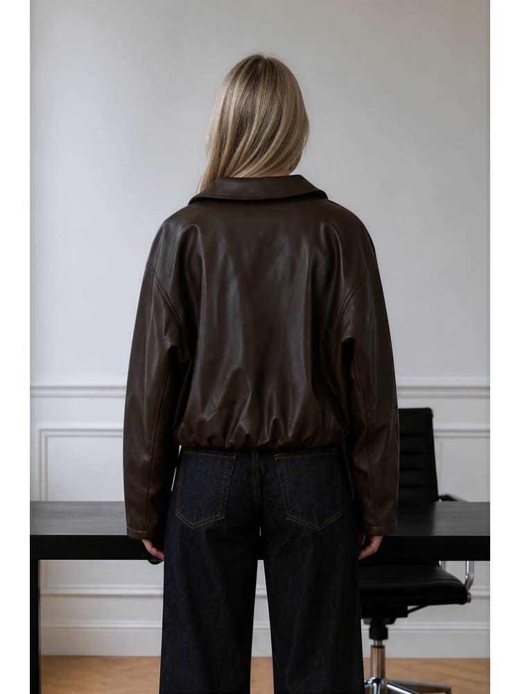 Collar Zip Crop Faux Leather Jacket