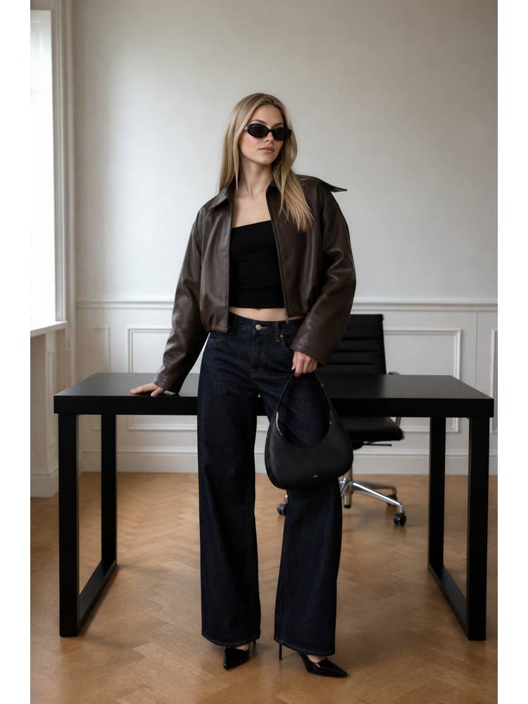 Collar Zip Crop Faux Leather Jacket