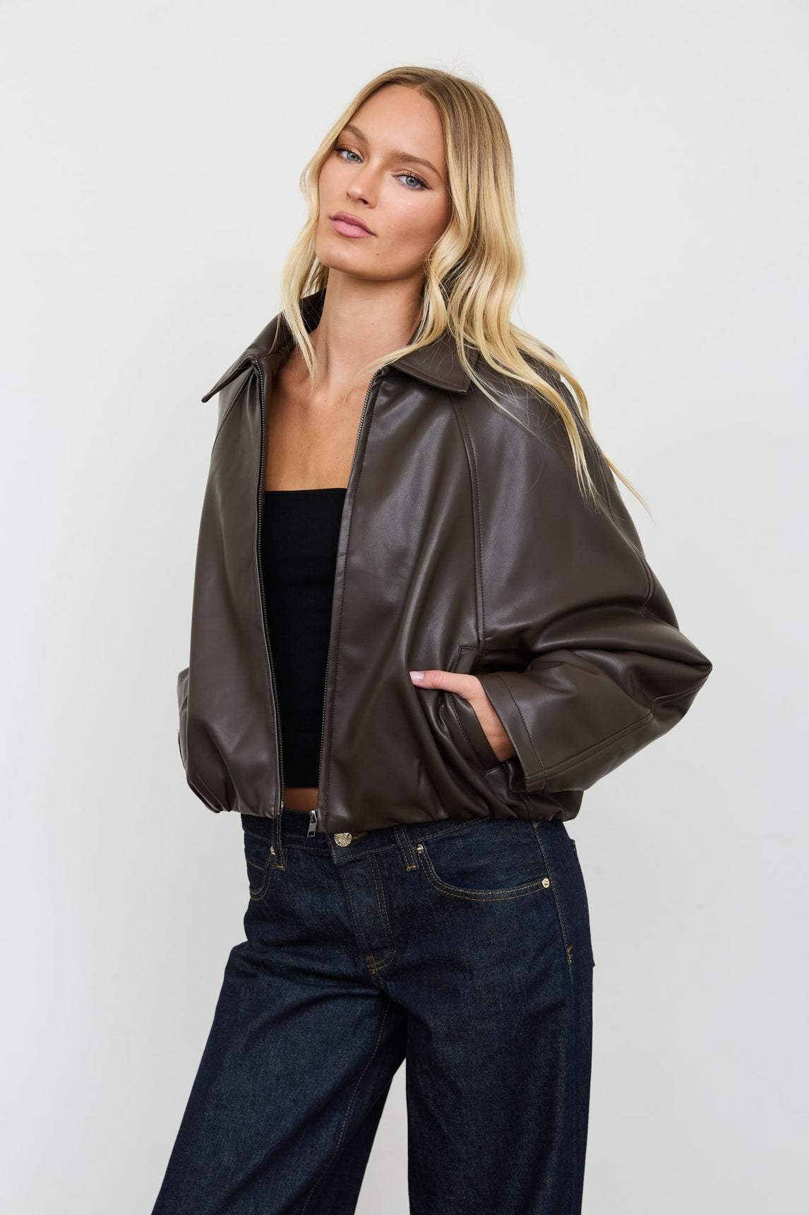 Collar Zip Crop Faux Leather Jacket