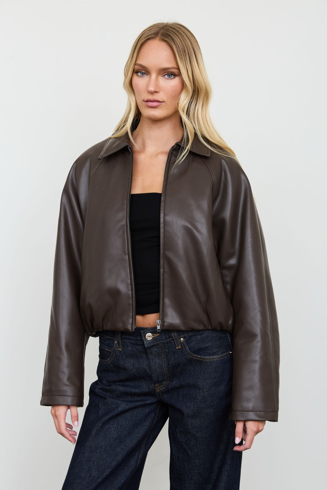 Collar Zip Crop Faux Leather Jacket