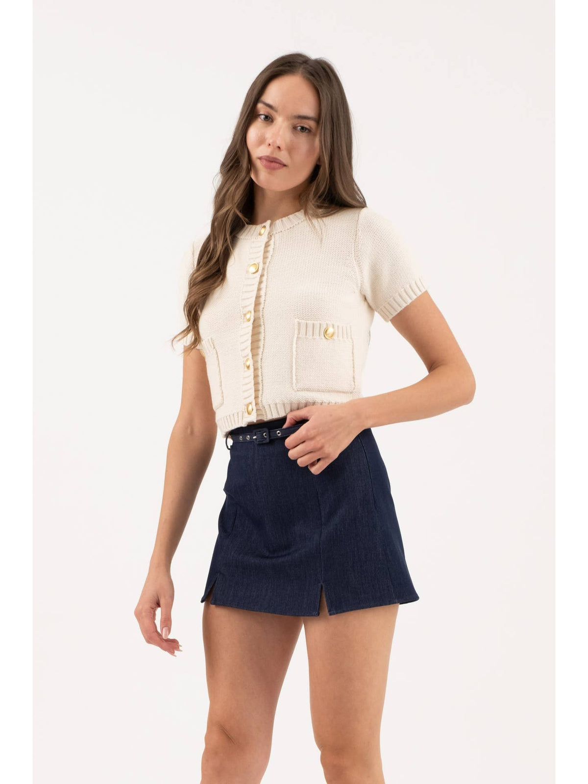 Gold Button Short Sleeve Sweater Top