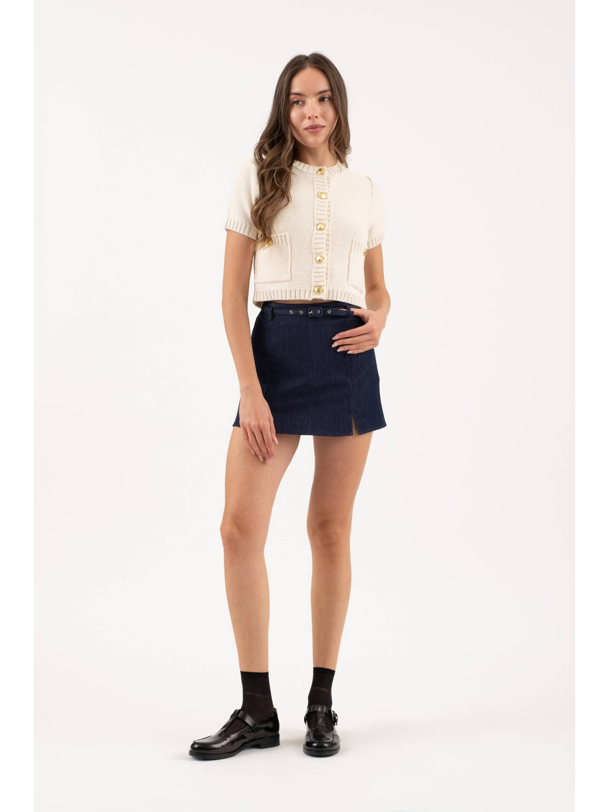 Gold Button Short Sleeve Sweater Top
