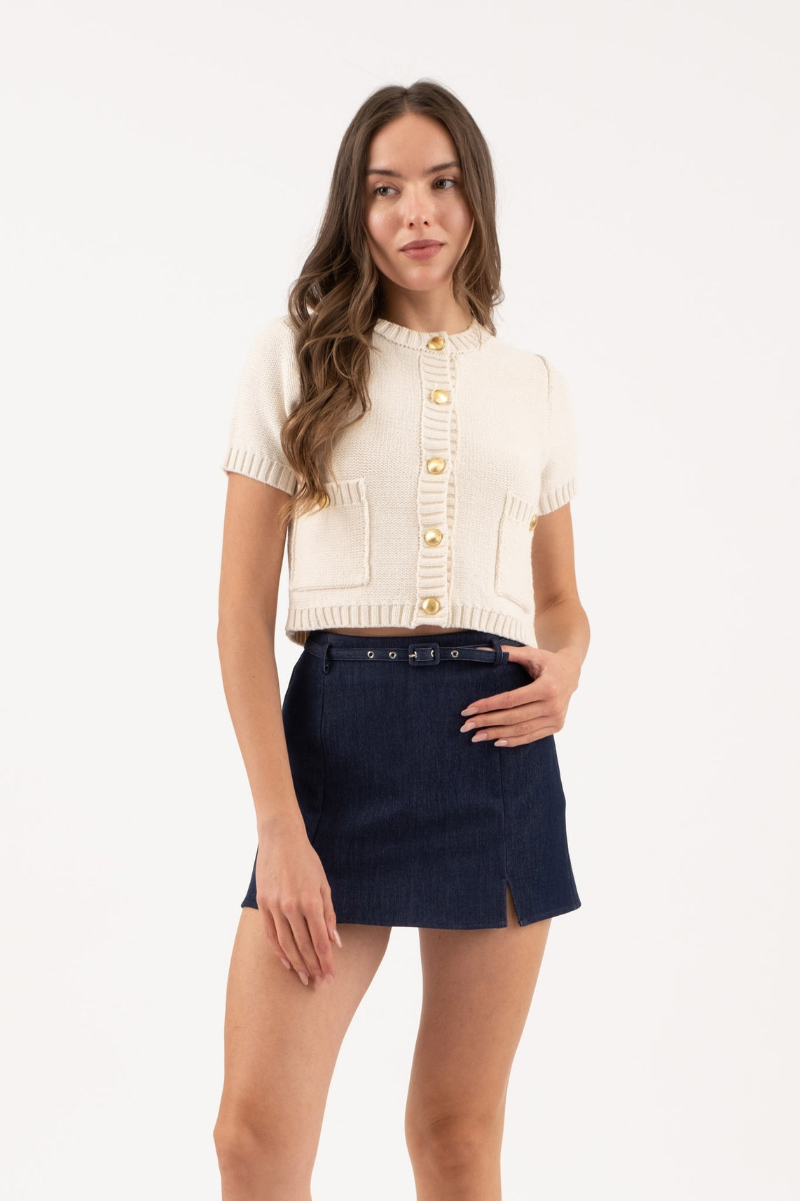 Gold Button Short Sleeve Sweater Top