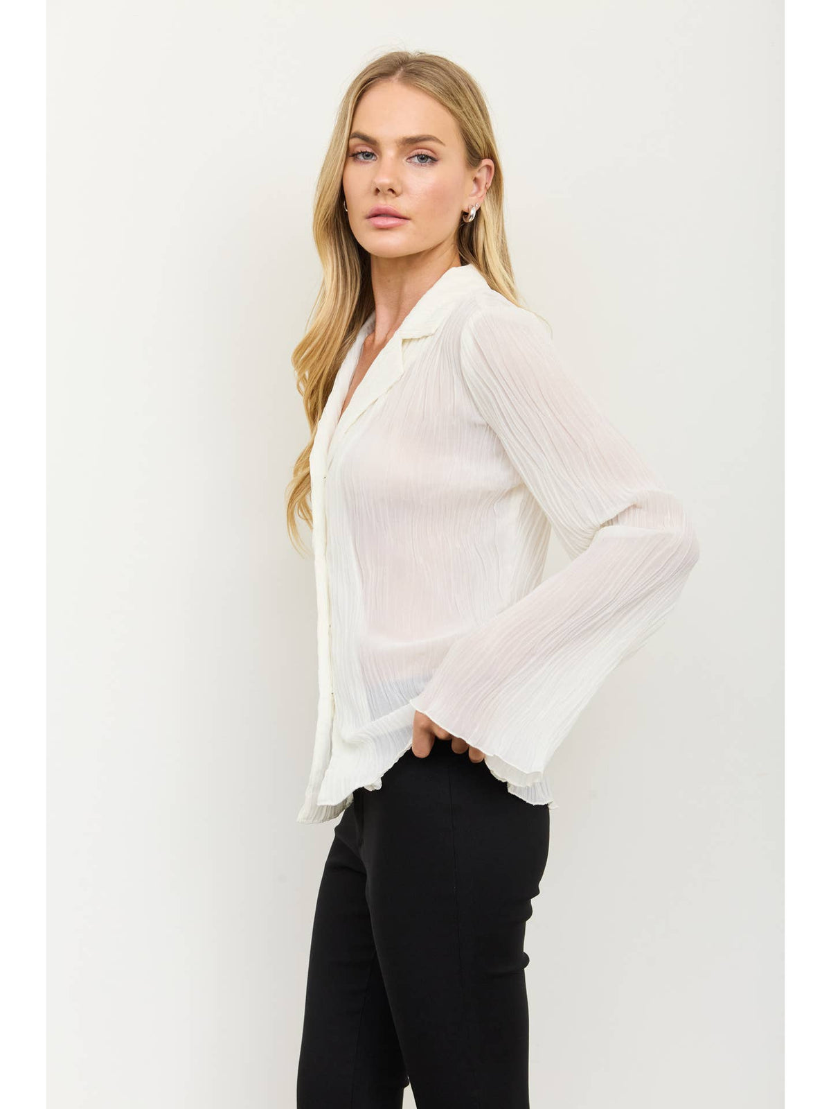 Notch Button Down Plisse Top