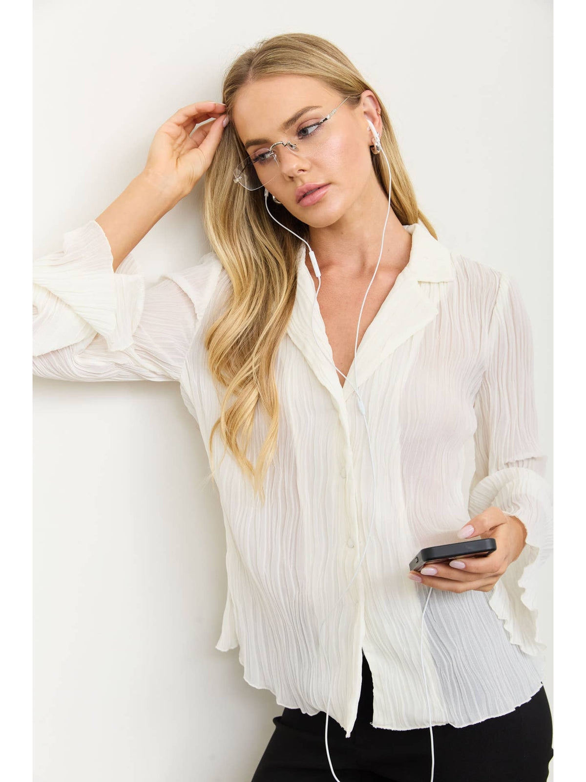 Notch Button Down Plisse Top