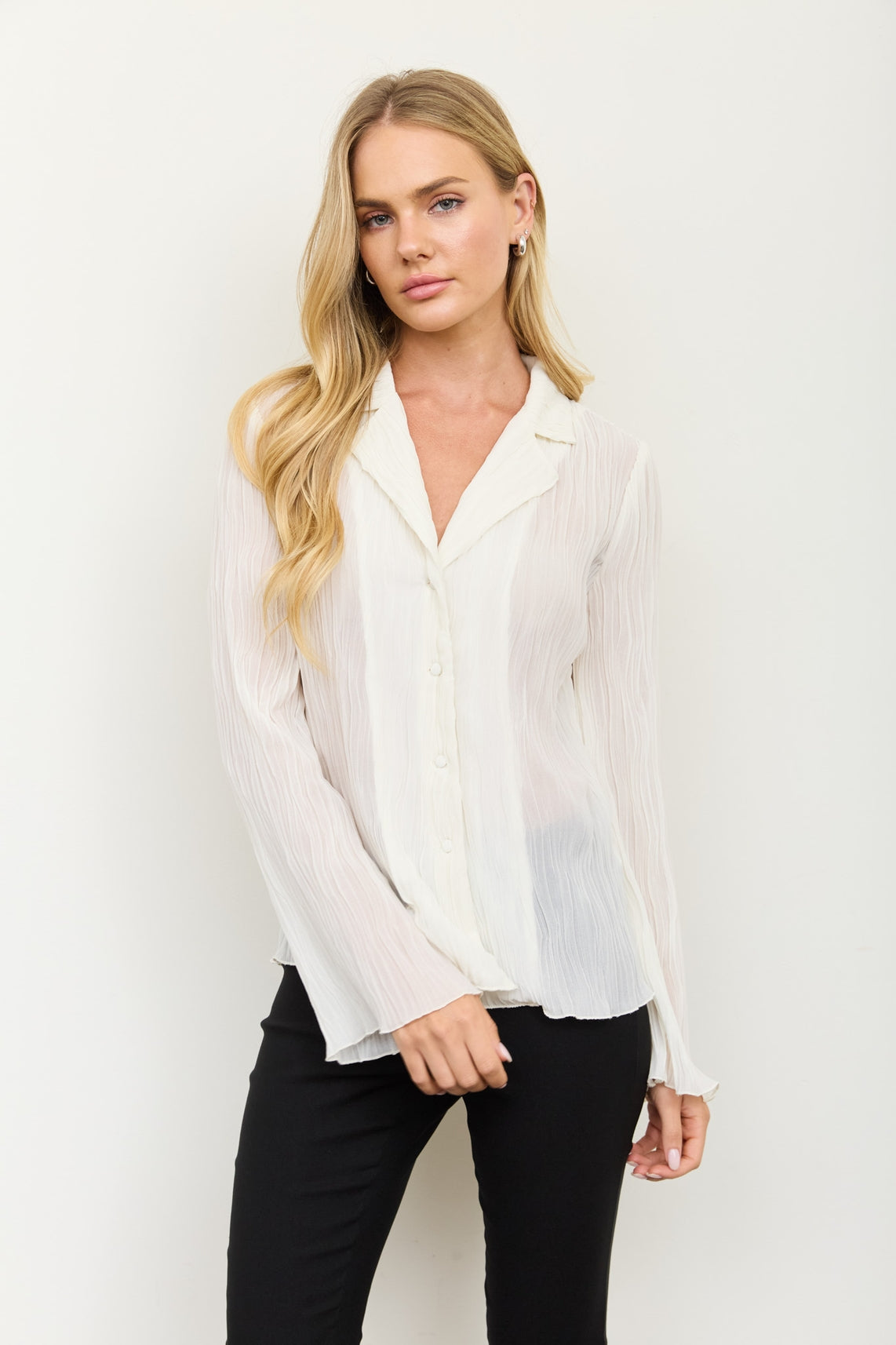 Notch Button Down Plisse Top