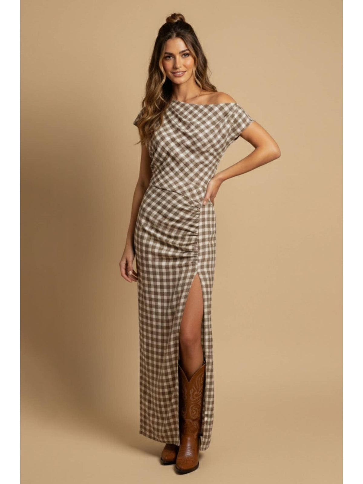 Off Shoulder Gingham Maxi Dress