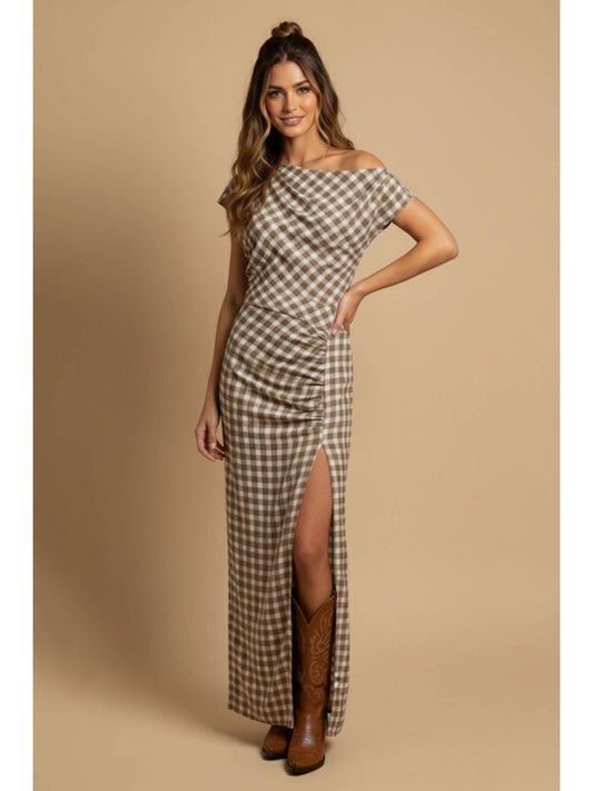 Off Shoulder Gingham Maxi Dress