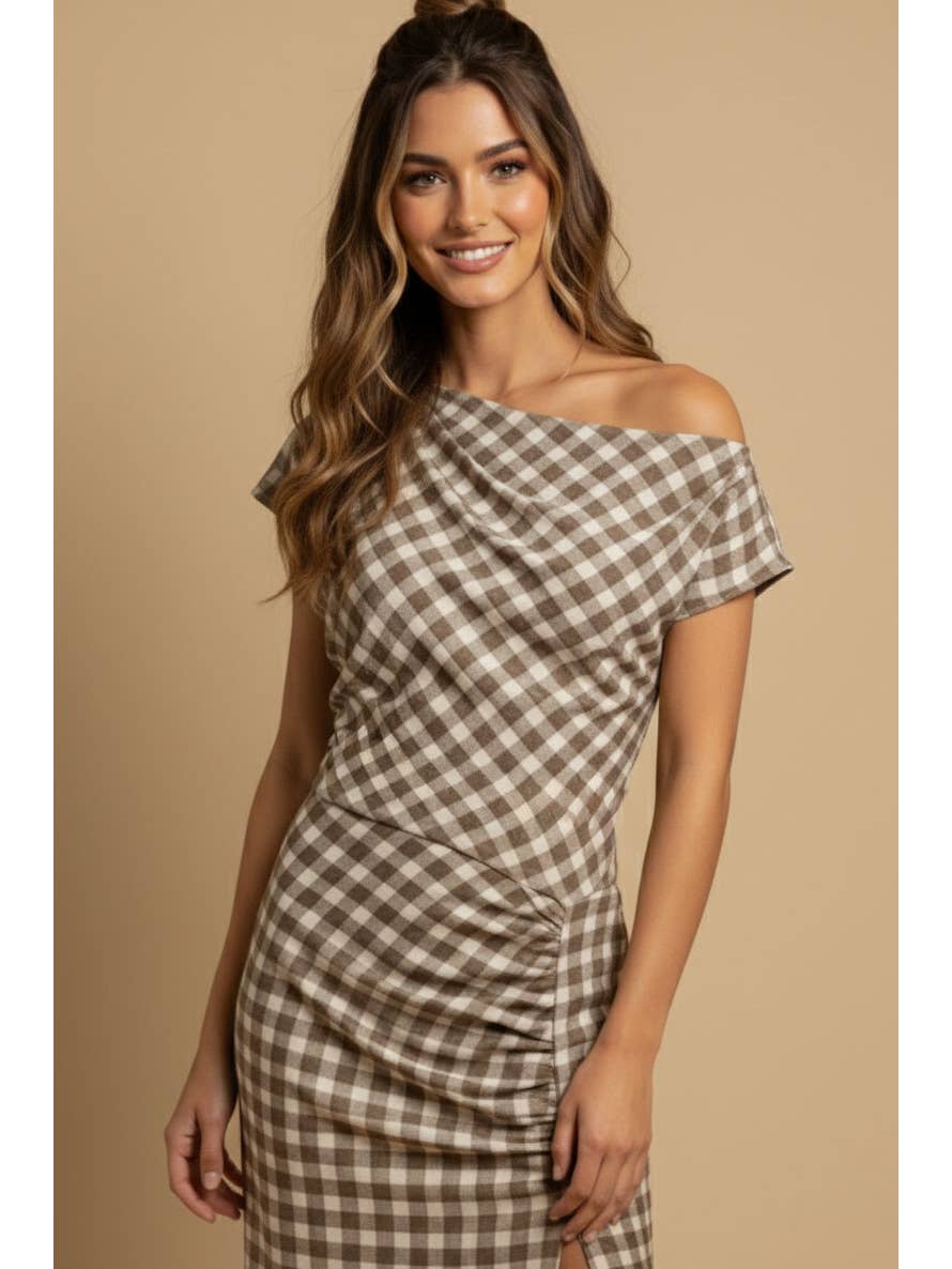 Off Shoulder Gingham Maxi Dress