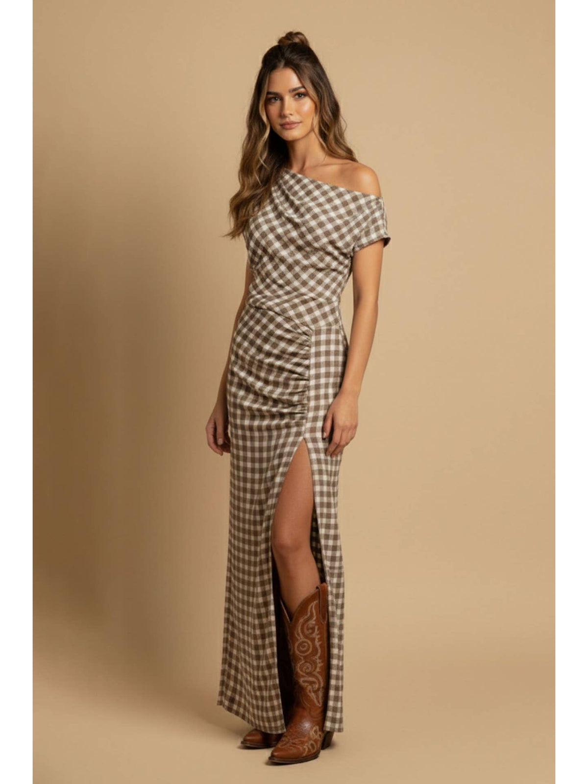 Off Shoulder Gingham Maxi Dress