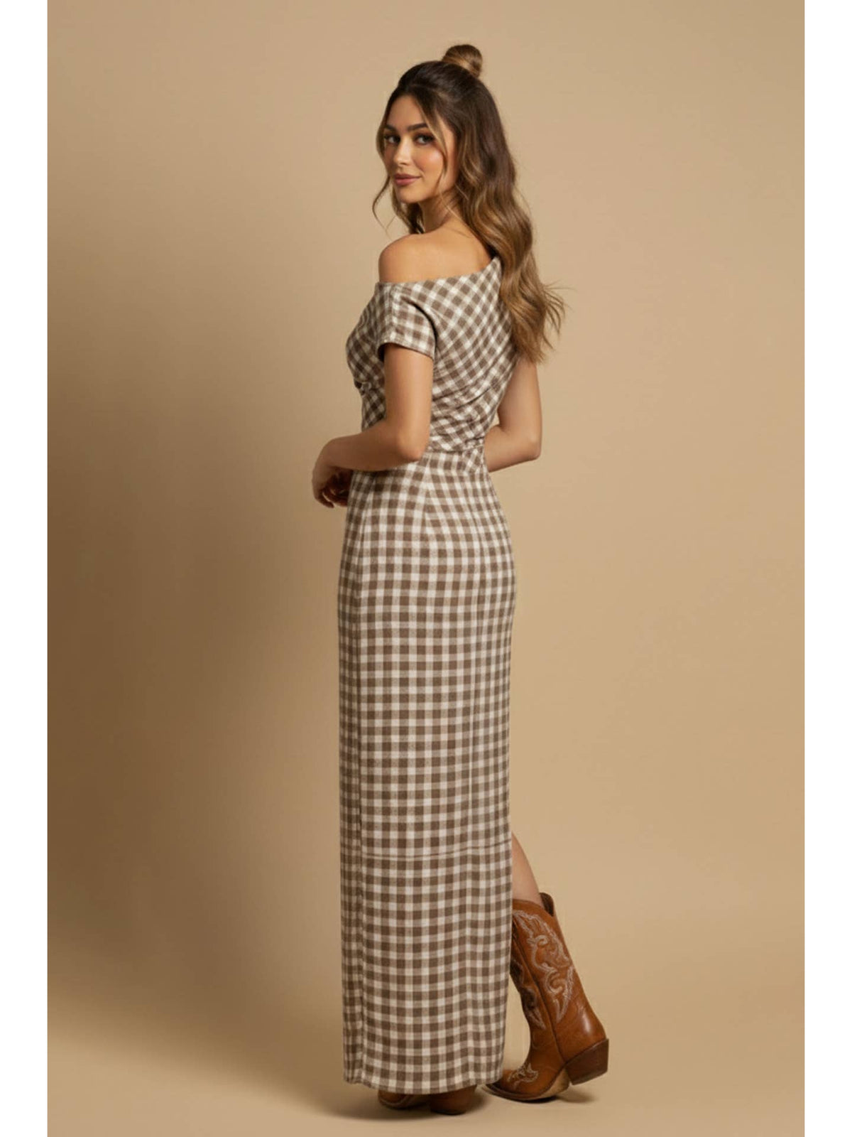 Off Shoulder Gingham Maxi Dress