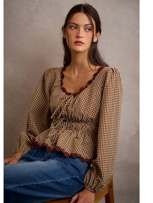 Gingham Lace Trim Bodice Top