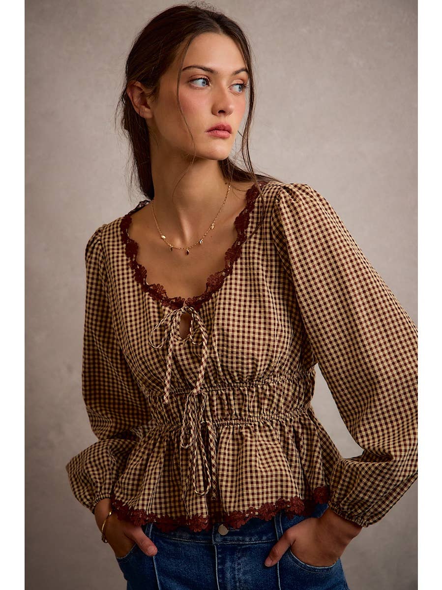 Gingham Lace Trim Bodice Top