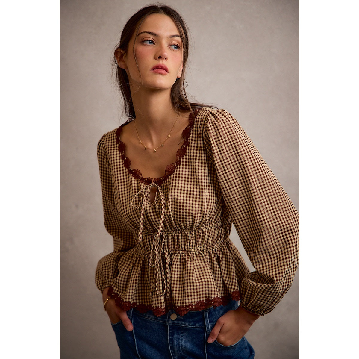 Gingham Lace Trim Bodice Top